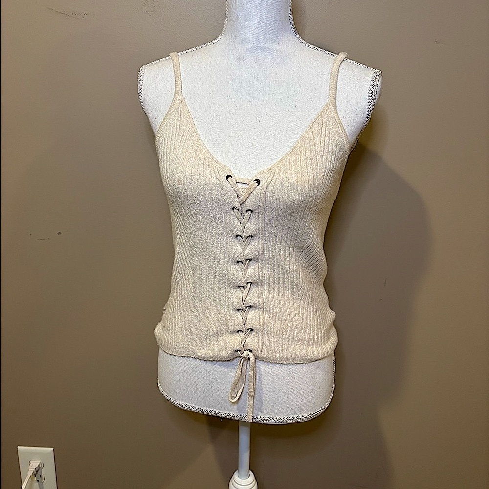 American Eagle Outfitters Cream Ribbed Tie Front Tank Top